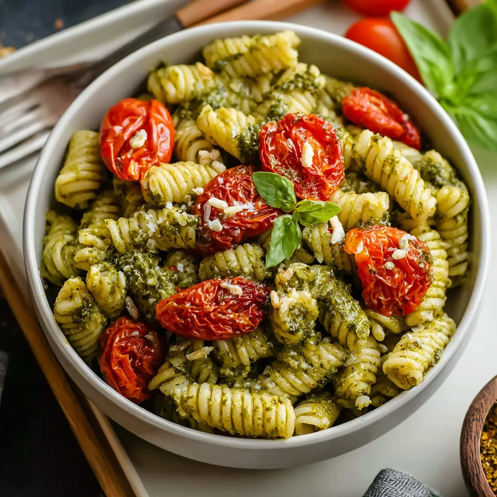 Chicken Pesto Pasta With Garlic Roasted Tomatoes