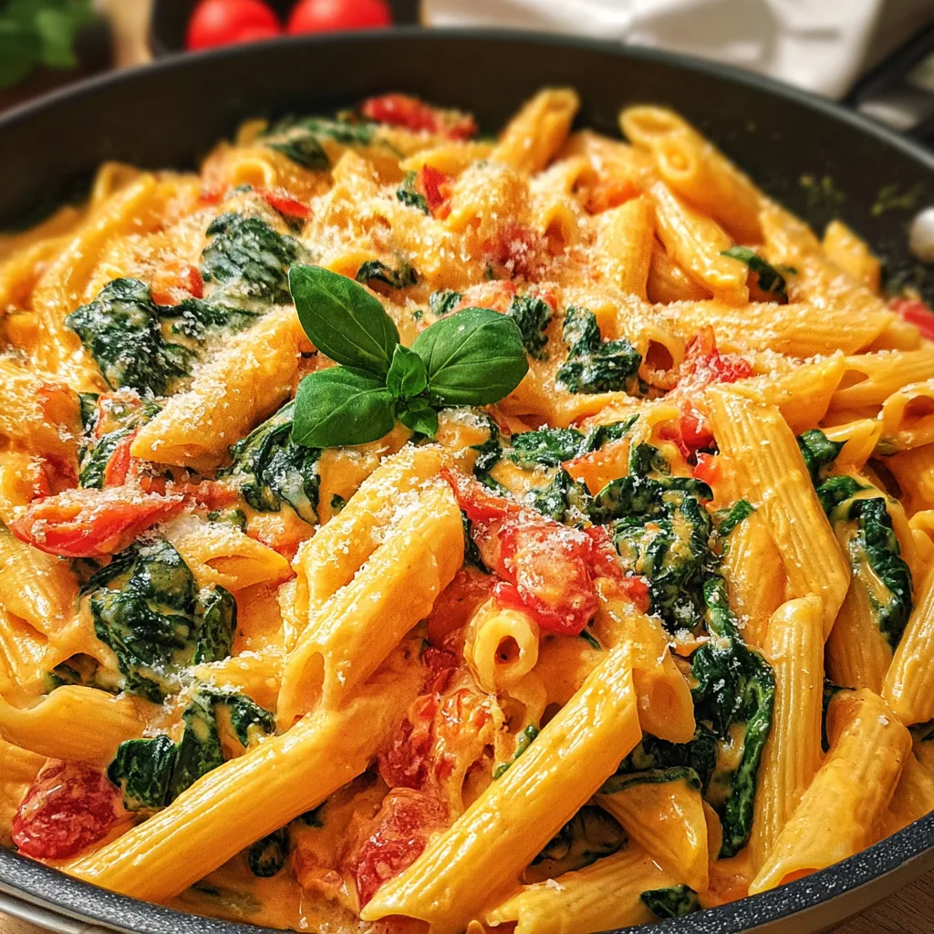 Easy & Quick Creamy Tomato Spinach Skillet Pasta